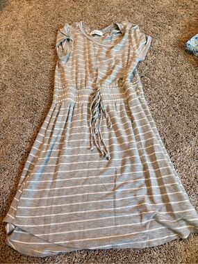 Gilli Gray and White Striped Drawstring Midi Dress